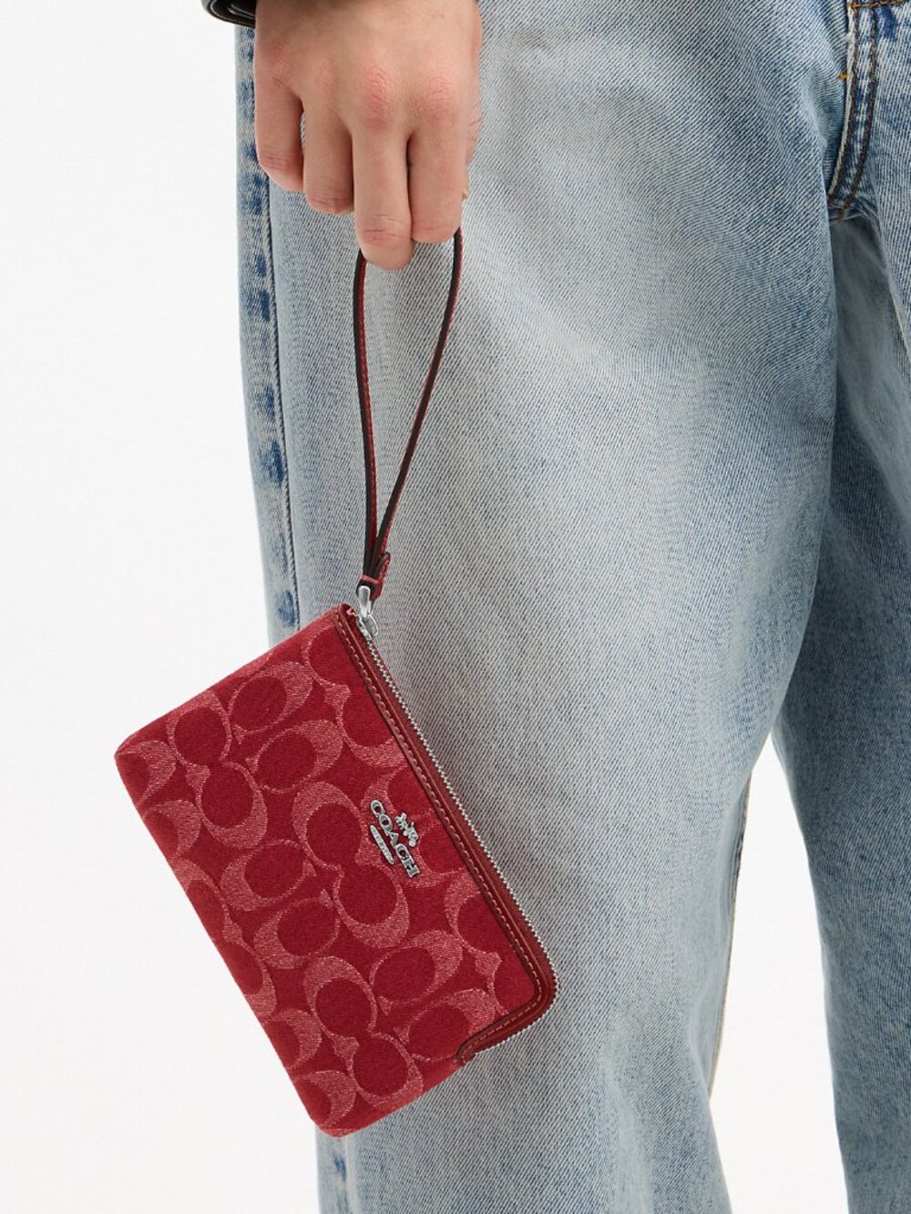 Coach Corner Zip Wristlet In Signature Denim